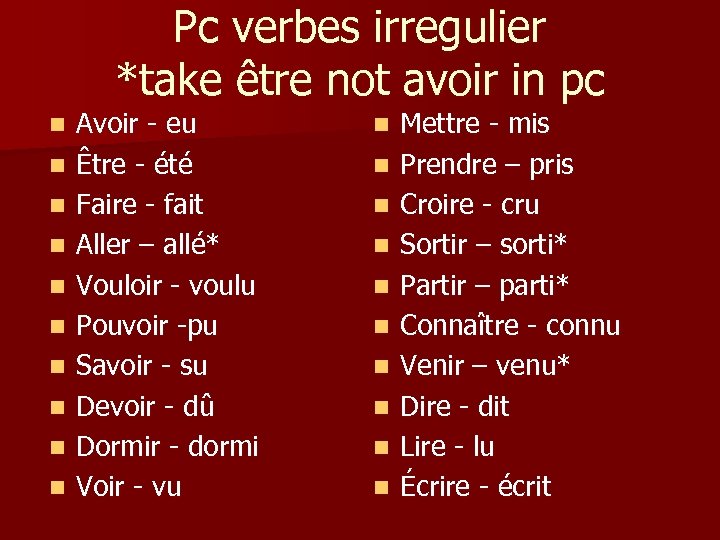Pc verbes irregulier *take être not avoir in pc n n n n n