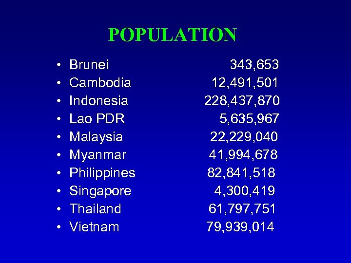 POPULATION • • • Brunei Cambodia Indonesia Lao PDR Malaysia Myanmar Philippines Singapore Thailand