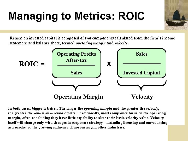 Managing to Metrics: ROIC Return on invested capital is composed of two components calculated