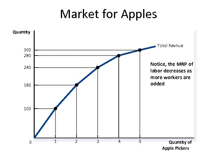 Market for Apples Quantity Total Revnue 300 280 Notice, the MRP of labor decreases