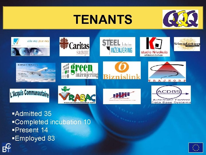 TENANTS §Admitted 35 §Completed incubation 10 §Present 14 §Employed 83 