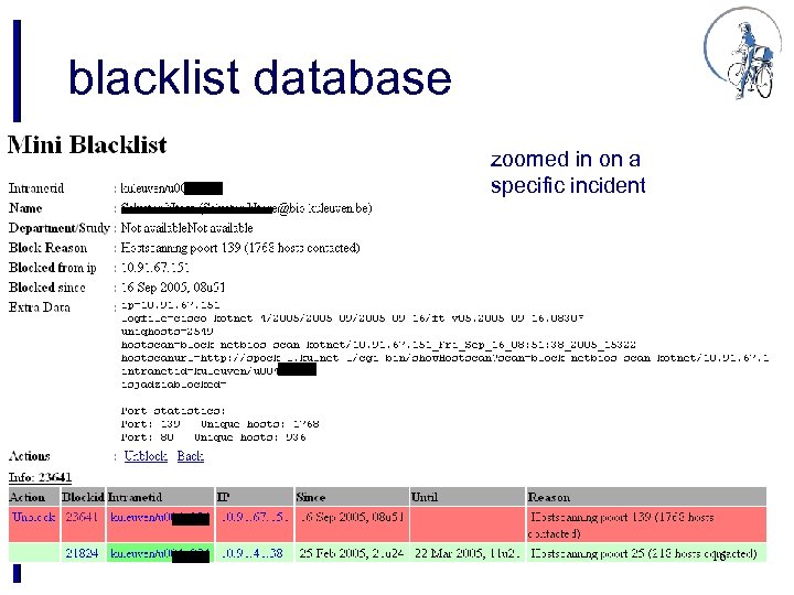 blacklist database zoomed in on a specific incident 16 