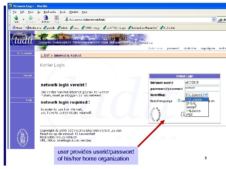 user provides userid/password of his/her home organization 8 