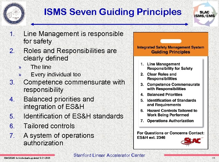 ISMS Seven Guiding Principles Line Management is responsible for safety Roles and Responsibilities are