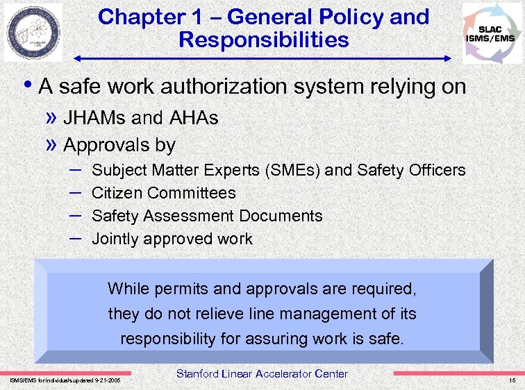 Chapter 1 – General Policy and Responsibilities • A safe work authorization system relying