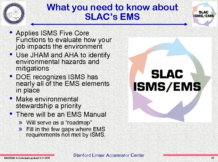 What you need to know about SLAC’s EMS • • • Applies ISMS Five