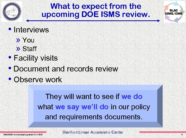 What to expect from the upcoming DOE ISMS review. • Interviews » You »