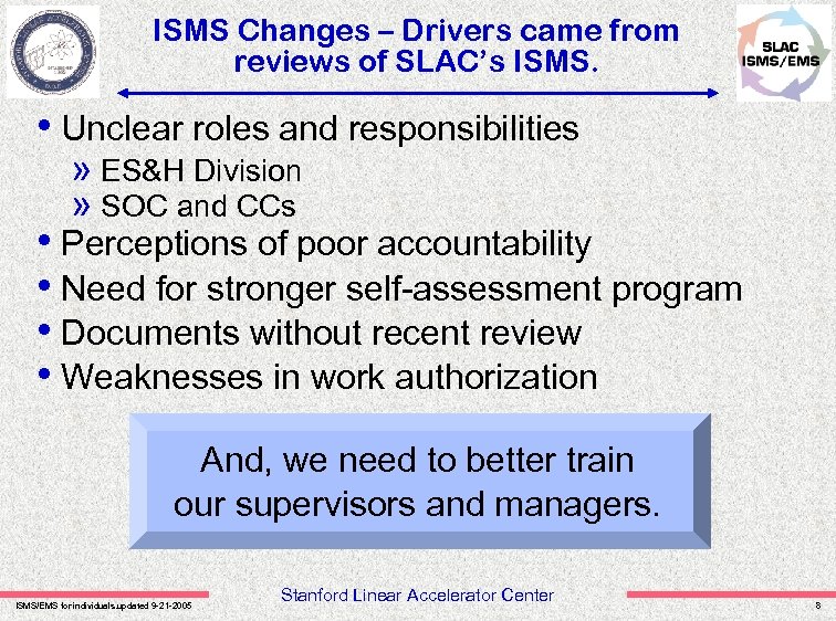 ISMS Changes – Drivers came from reviews of SLAC’s ISMS. • Unclear roles and