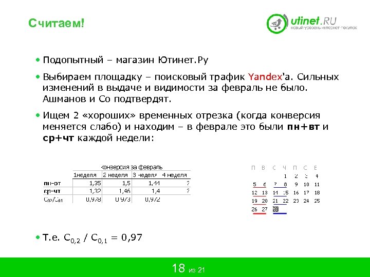 Считаем! • Подопытный – магазин Ютинет. Ру • Выбираем площадку – поисковый трафик Yandex'a.