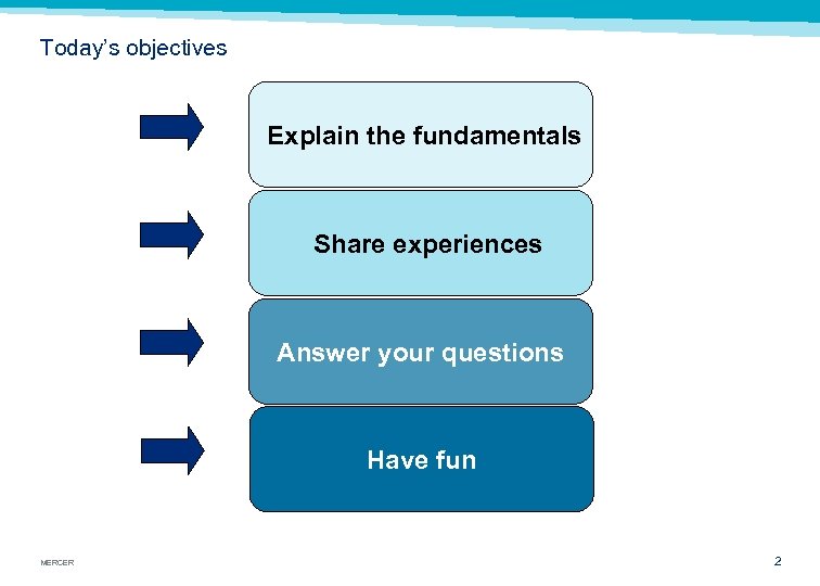 Today’s objectives Explain the fundamentals Share experiences Answer your questions Have fun MERCER 2