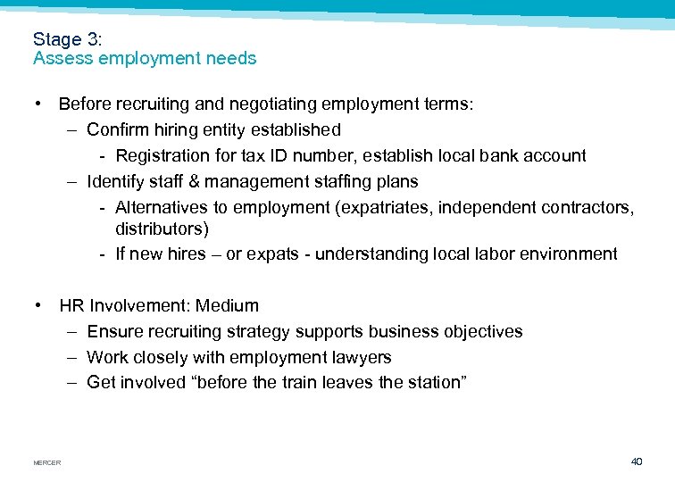 Stage 3: Assess employment needs • Before recruiting and negotiating employment terms: – Confirm