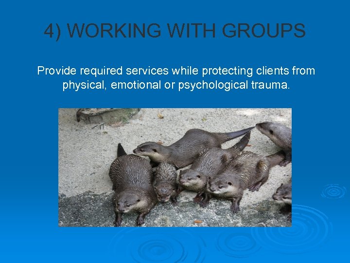 4) WORKING WITH GROUPS Provide required services while protecting clients from physical, emotional or