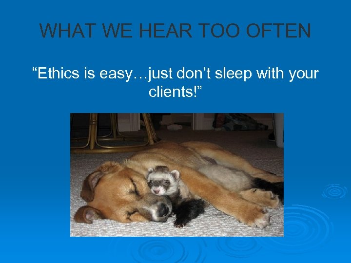 WHAT WE HEAR TOO OFTEN “Ethics is easy…just don’t sleep with your clients!” 