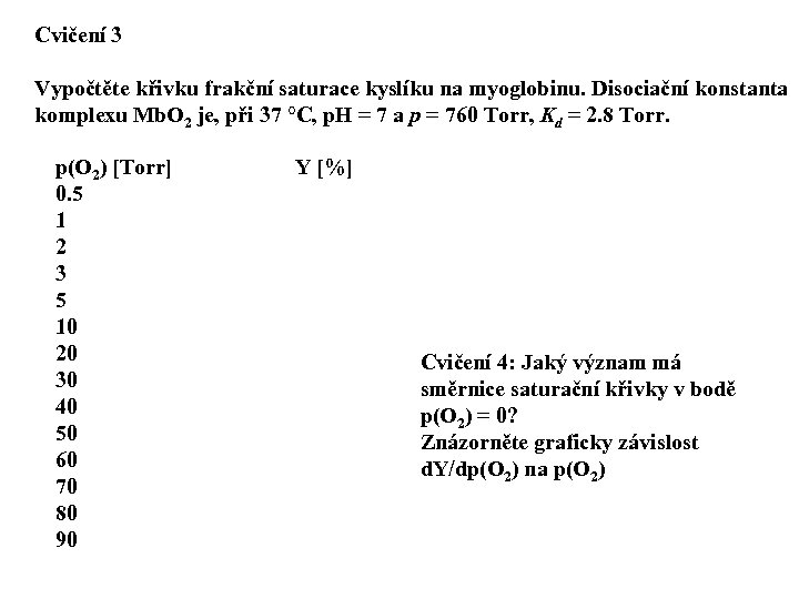 Cvičení 3 Vypočtěte křivku frakční saturace kyslíku na myoglobinu. Disociační konstanta komplexu Mb. O