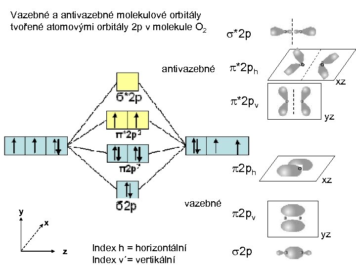 Vazebné a antivazebné molekulové orbitály tvořené atomovými orbitály 2 p v molekule O 2