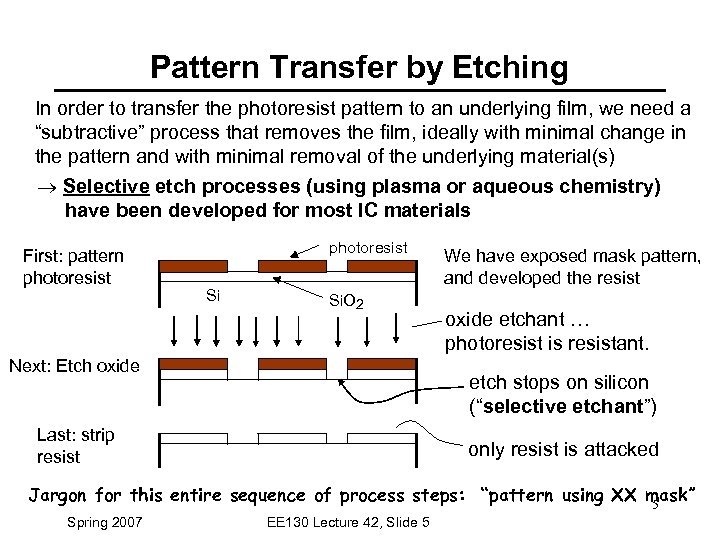Pattern Transfer by Etching In order to transfer the photoresist pattern to an underlying