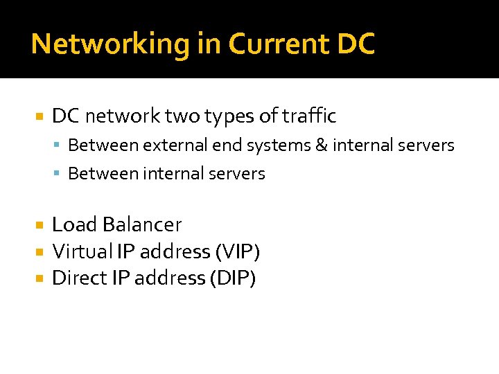 Networking in Current DC network two types of traffic Between external end systems &