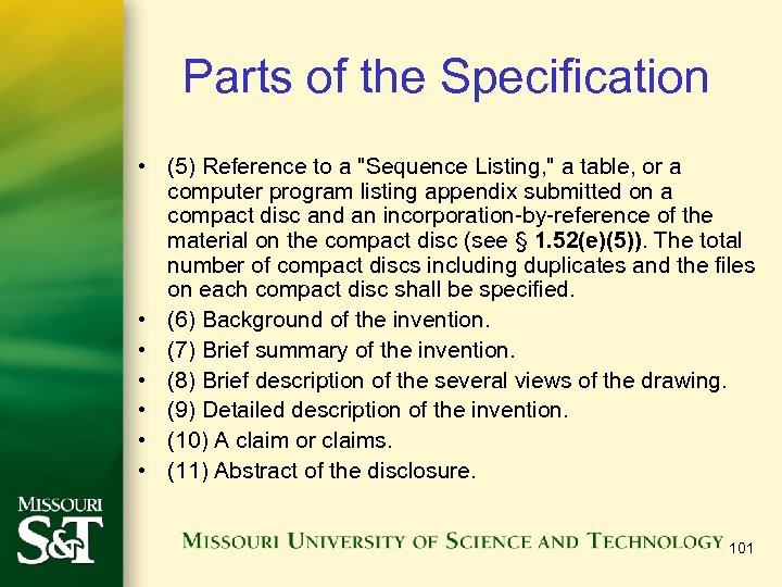 Parts of the Specification • (5) Reference to a 