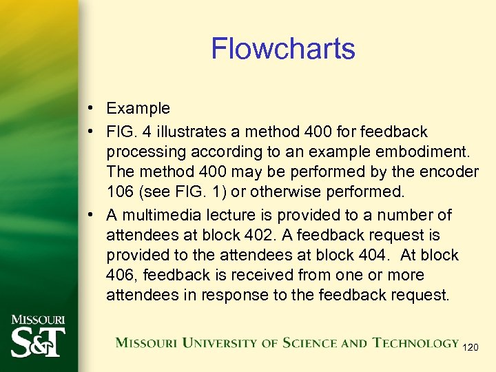 Flowcharts • Example • FIG. 4 illustrates a method 400 for feedback processing according
