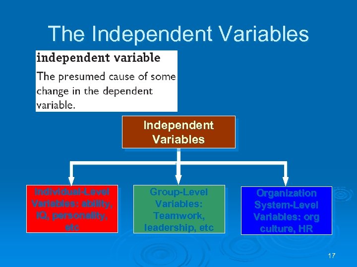 The Independent Variables Individual-Level Variables: ability, IQ, personality, etc Group-Level Variables: Teamwork, leadership, etc