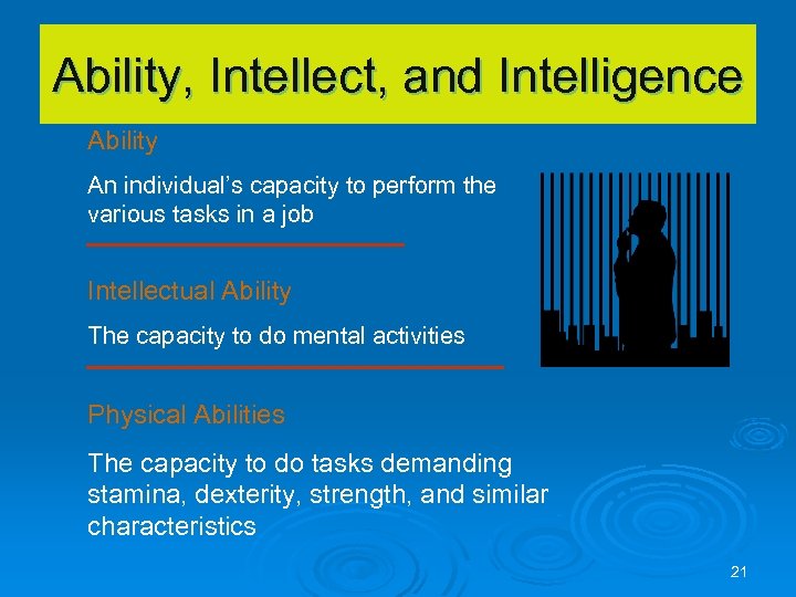 Ability, Intellect, and Intelligence Ability An individual’s capacity to perform the various tasks in