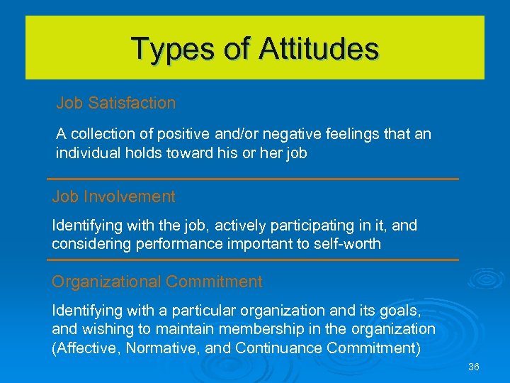 Types of Attitudes Job Satisfaction A collection of positive and/or negative feelings that an