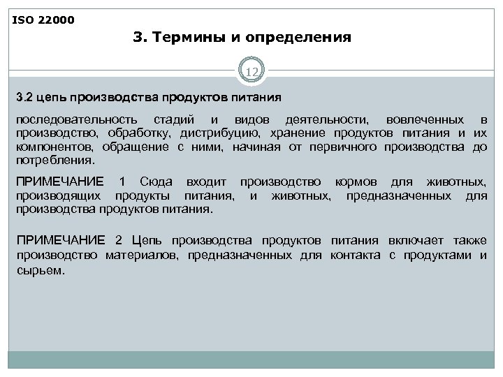 ISO 22000 3. Термины и определения 12 3. 2 цепь производства продуктов питания последовательность