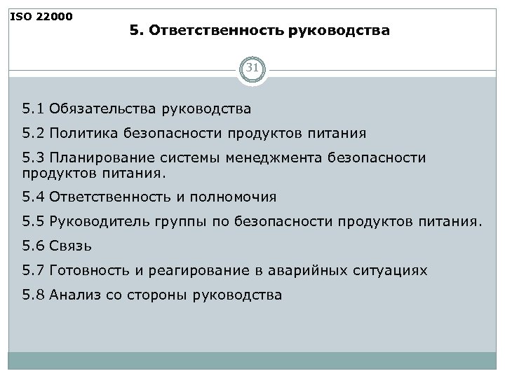 ISO 22000 5. Ответственность руководства 31 5. 1 Обязательства руководства 5. 2 Политика безопасности