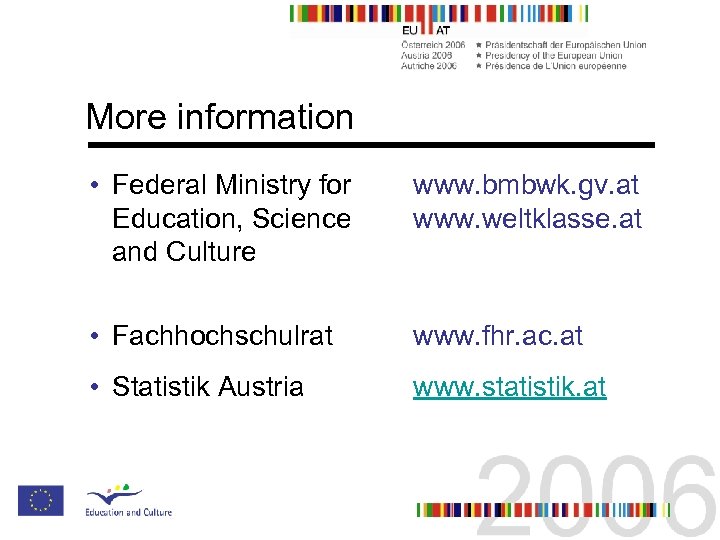 More information • Federal Ministry for Education, Science and Culture www. bmbwk. gv. at