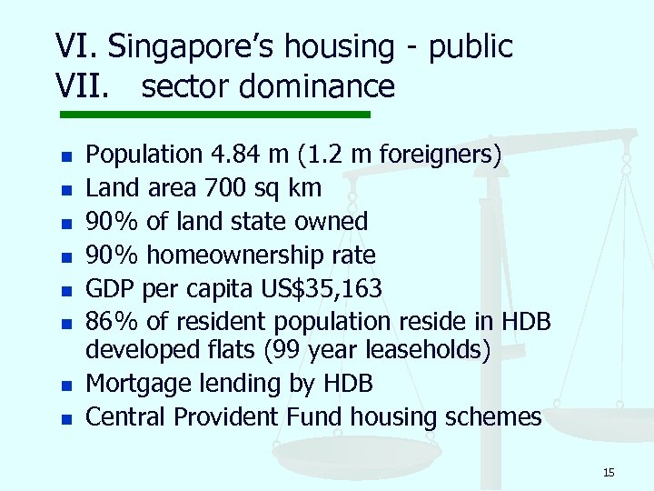 VI. Singapore’s housing - public VII. sector dominance n n n n Population 4.