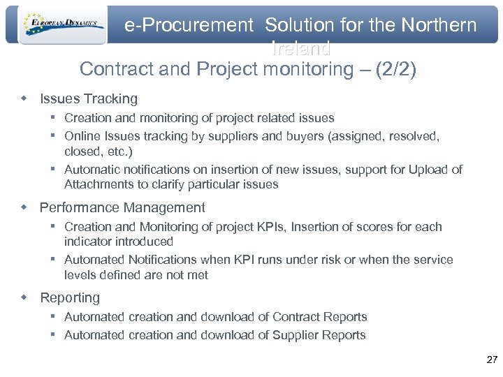 e-Procurement Solution for the Northern Ireland Contract and Project monitoring – (2/2) w Issues