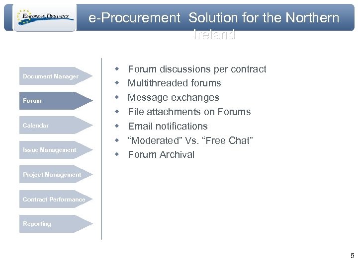e-Procurement Solution for the Northern Ireland Document Manager Forum Calendar Issue Management w w
