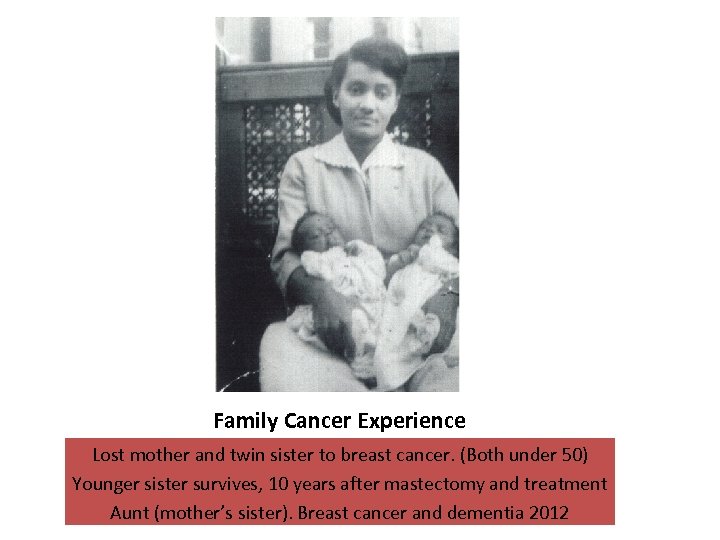 Family Cancer Experience Lost mother and twin sister to breast cancer. (Both under 50)