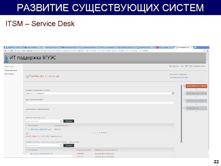 РАЗВИТИЕ СУЩЕСТВУЮЩИХ СИСТЕМ ITSM – Service Desk 22 