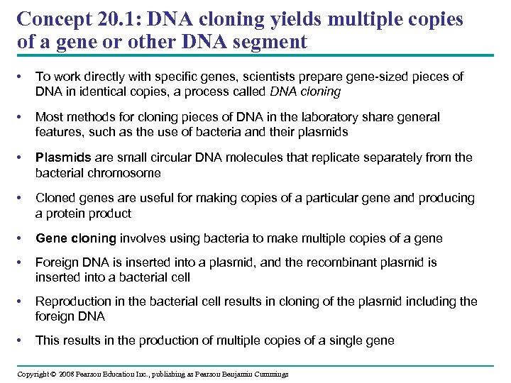 Concept 20. 1: DNA cloning yields multiple copies of a gene or other DNA