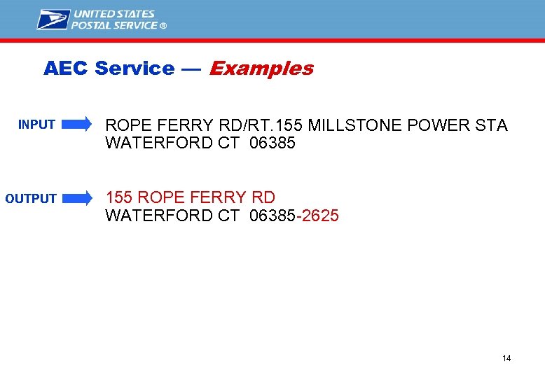 AEC Service — Examples INPUT OUTPUT ROPE FERRY RD/RT. 155 MILLSTONE POWER STA WATERFORD