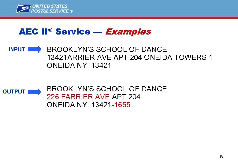 AEC II® Service — Examples INPUT OUTPUT BROOKLYN’S SCHOOL OF DANCE 13421 ARRIER AVE