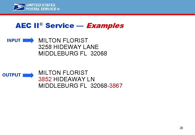 AEC II® Service — Examples INPUT OUTPUT MILTON FLORIST 3258 HIDEWAY LANE MIDDLEBURG FL