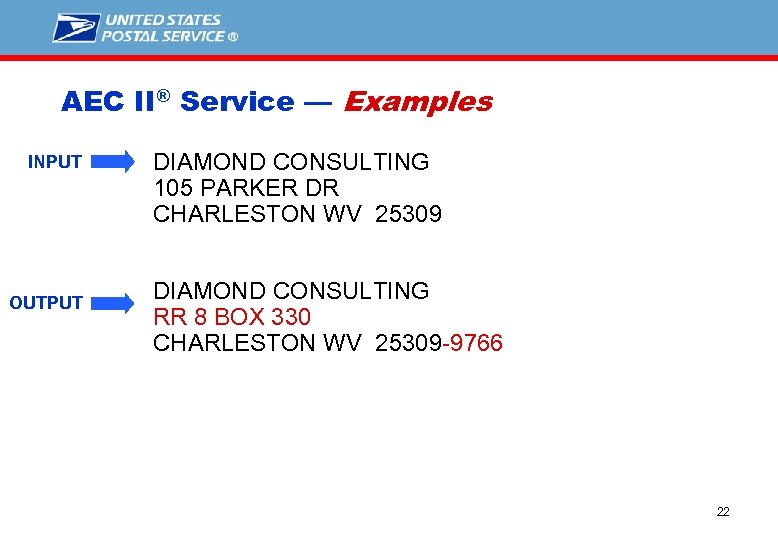 AEC II® Service — Examples INPUT OUTPUT DIAMOND CONSULTING 105 PARKER DR CHARLESTON WV
