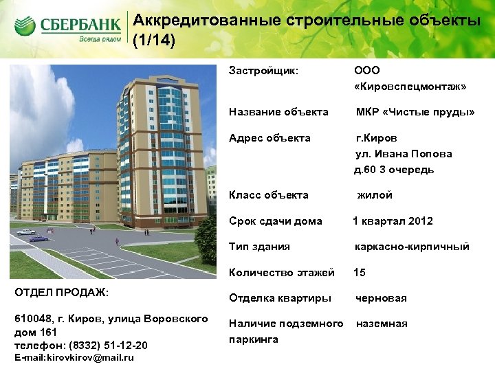 Аккредитованные строительные объекты (1/14) Застройщик: ООО «Кировспецмонтаж» Название объекта МКР «Чистые пруды» Адрес объекта