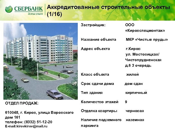 Аккредитованные строительные объекты (1/16) Застройщик: ООО «Кировспецмонтаж» Название объекта МКР «Чистые пруды» Адрес объекта