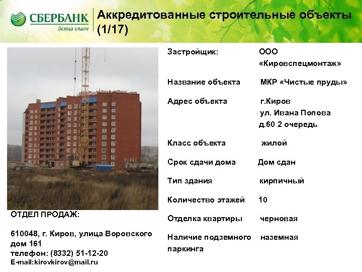 Аккредитованные строительные объекты (1/17) Застройщик: ООО «Кировспецмонтаж» Название объекта МКР «Чистые пруды» Адрес объекта