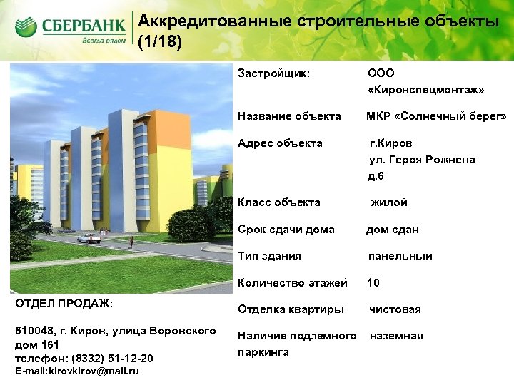 Аккредитованные строительные объекты (1/18) Застройщик: ООО «Кировспецмонтаж» Название объекта МКР «Солнечный берег» Адрес объекта