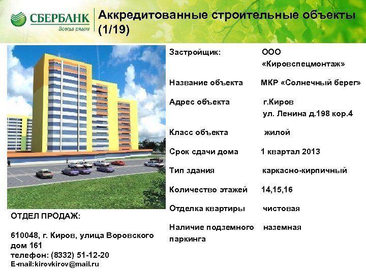 Аккредитованные строительные объекты (1/19) Застройщик: ООО «Кировспецмонтаж» Название объекта МКР «Солнечный берег» Адрес объекта