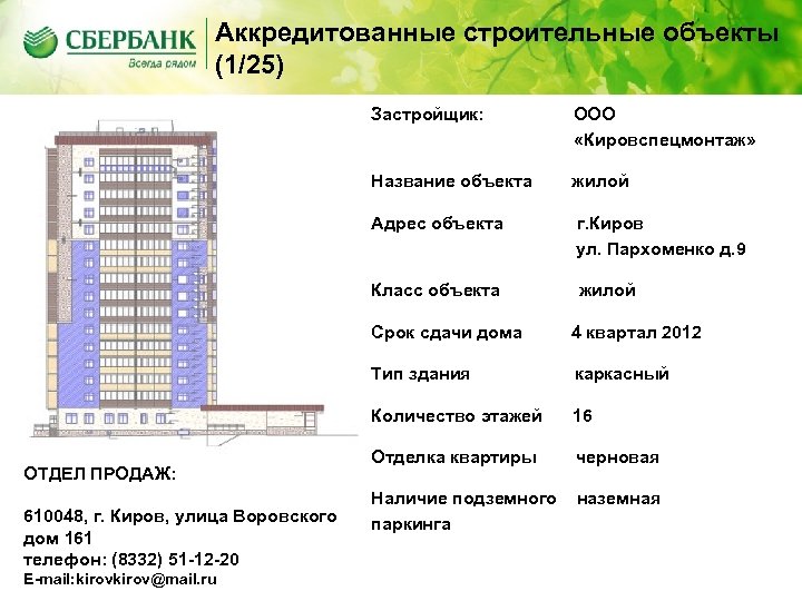 Аккредитованные строительные объекты (1/25) Застройщик: ООО «Кировспецмонтаж» Название объекта жилой Адрес объекта г. Киров
