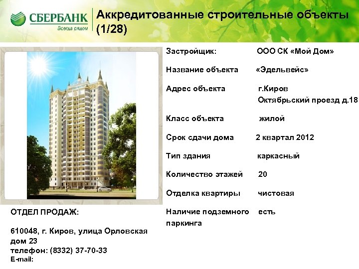 Аккредитованные строительные объекты (1/28) Застройщик: ООО СК «Мой Дом» Название объекта «Эдельвейс» Адрес объекта