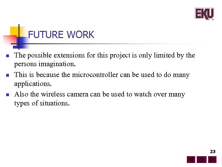 FUTURE WORK n n n The possible extensions for this project is only limited