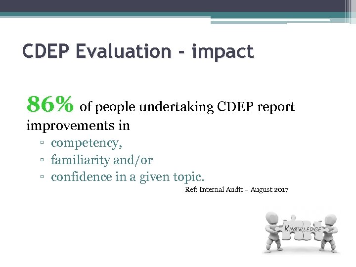 CDEP Evaluation - impact 86% of people undertaking CDEP report improvements in ▫ competency,