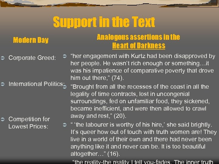 Support in the Text Analogous assertions in the Heart of Darkness Modern Day “her