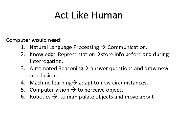 Act Like Human Computer would need: 1. Natural Language Processing Communication. 2. Knowledge Representation